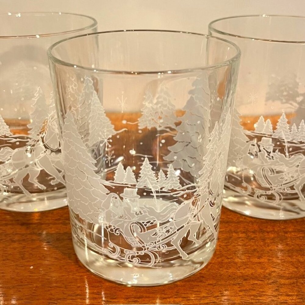 (3) Vintage Avon Presidents Club Etched Sleigh Through the Woods Rocks Glasses